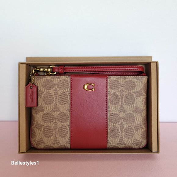 COACH Boxed Small Wristlet in Signature Canvas & Smooth Leather-Tan/Ruby color⭐ - Picture 3 of 16